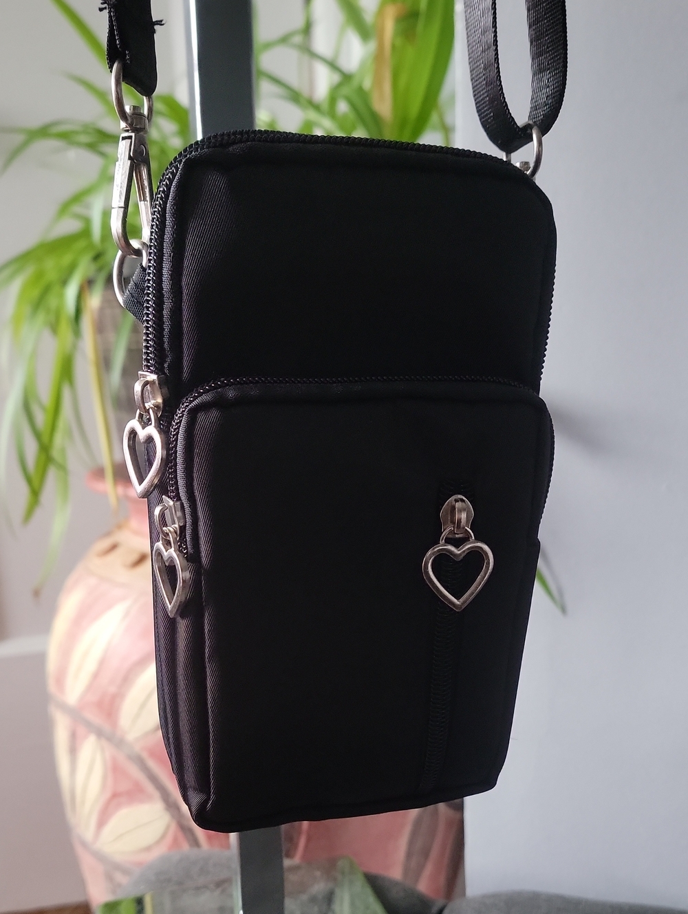 Black Crossbody Phone Pouch with Heart Zippers